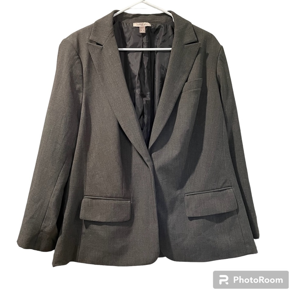 Roz & Ali Women’s Jacket Blazer Grey One Button Front Two Waist Pockets Size 16